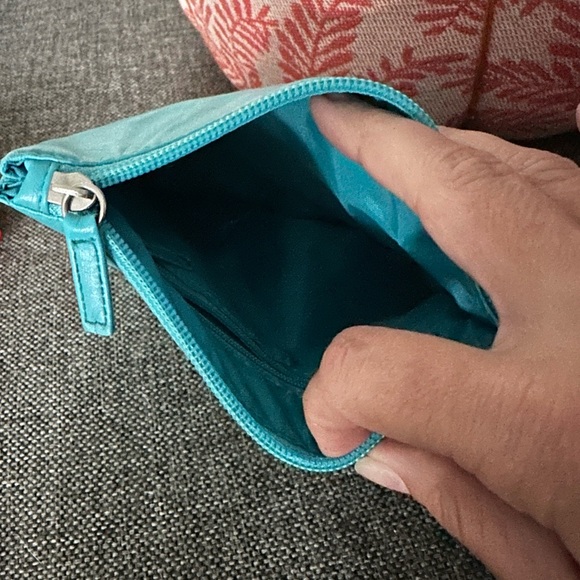 Turquoise Coin Pouch (Vinyl type Material) Interior has a zipper pouch area - Picture 3 of 11